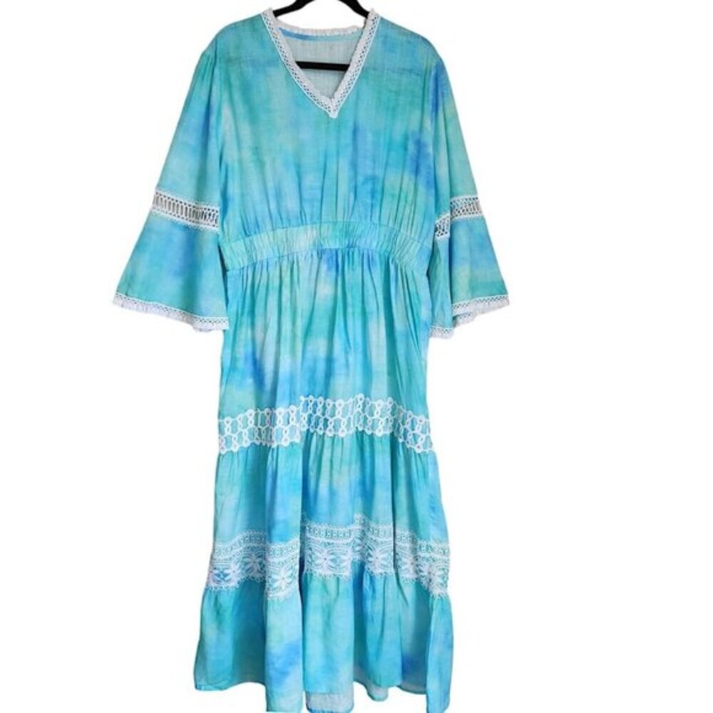 Queenspark Tiered Maxi Dress XL Boho Eyelet Crochet Lace Pastel Flare Fringe